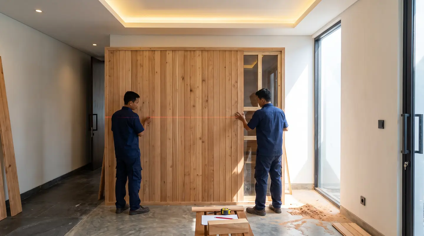 Tim Sauna Makassar merakit panel kabin sauna prefab di halaman rumah