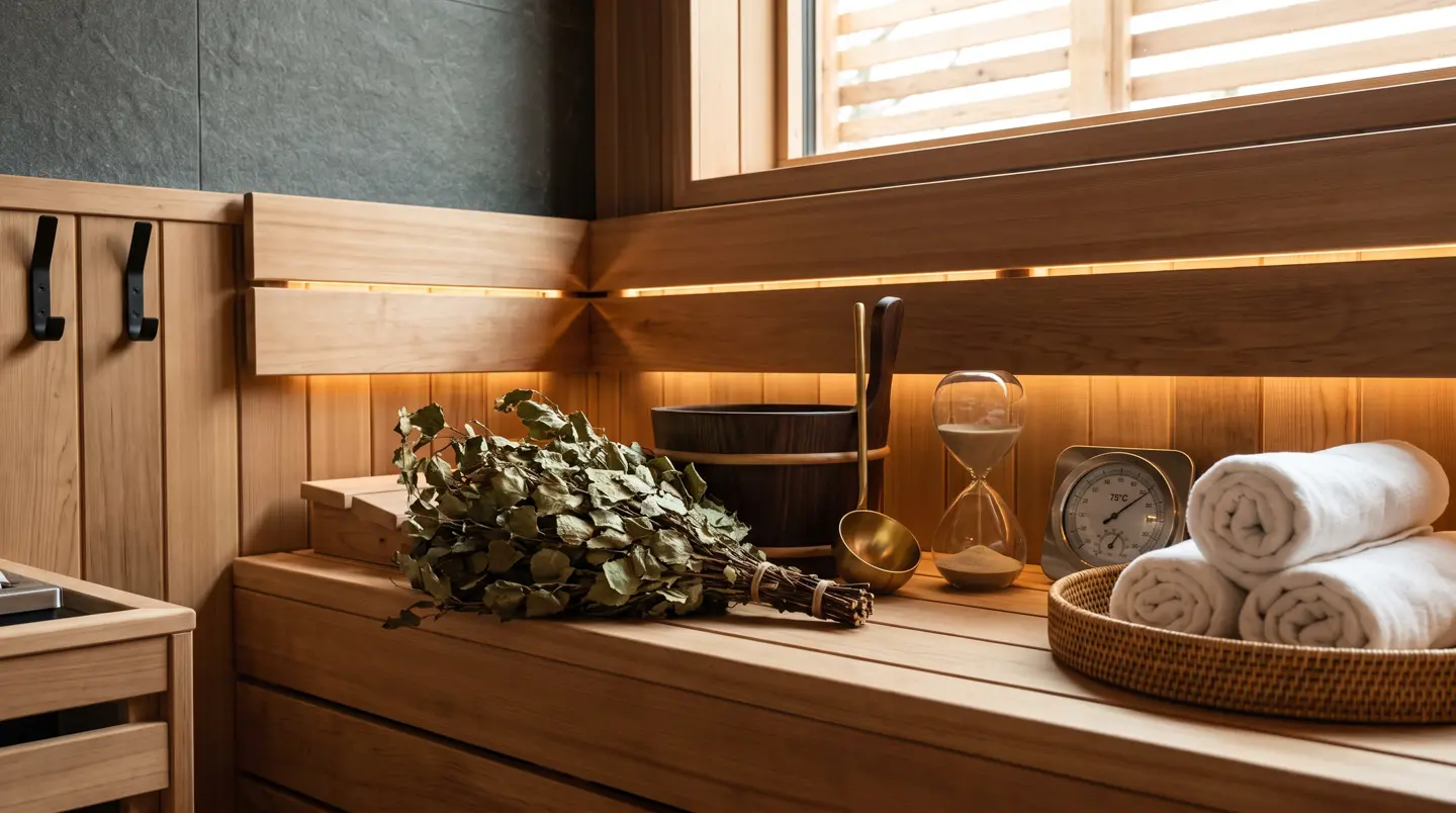 Aksesori sauna: veniki, ember kayu, gayung kuningan, jam pasir dan termometer