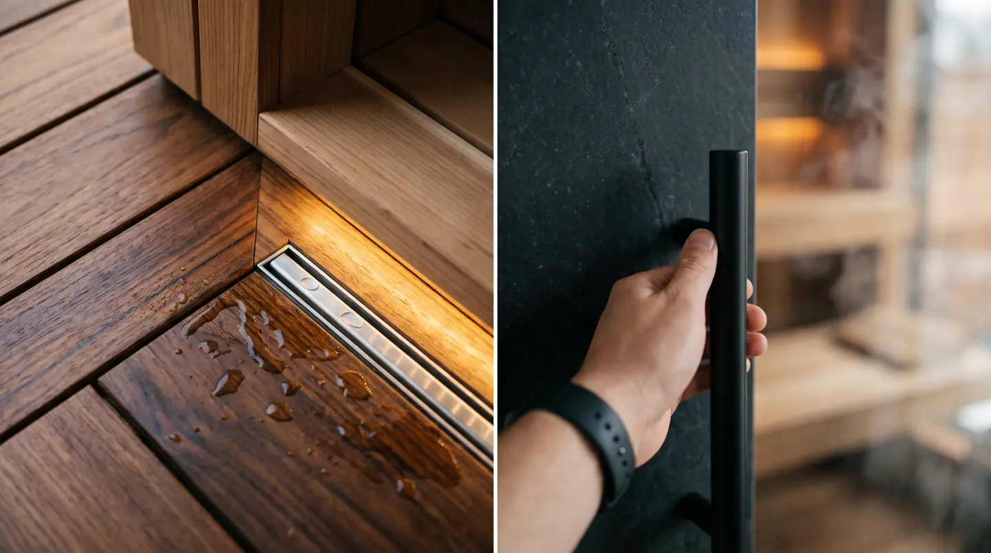 Detail sambungan presisi bangku sauna kayu cedar dengan LED hangat tersembunyi