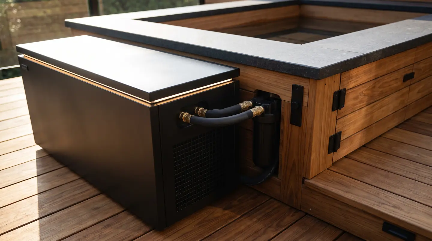 Detail chiller hitam modern dan selang terisolasi di samping ice bath kayu jati