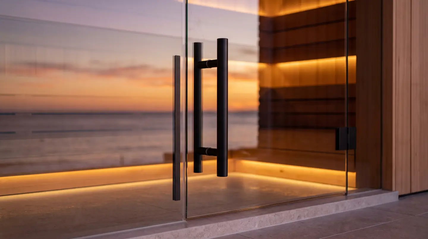 Detail pintu kaca tempered sauna dengan handle hitam matte dan seal magnetik