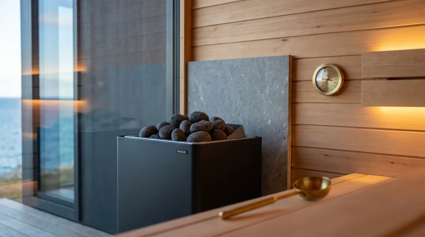 Detail heater sauna hitam berisi batu vulkanik dengan gayung kuningan dan termometer