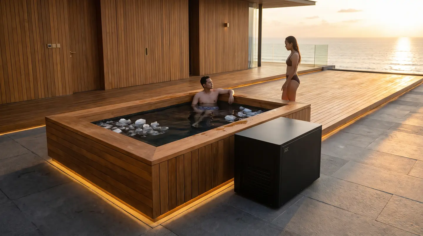 Ice bath kayu dengan chiller di taman teduh Gowa, cold plunge Makassar