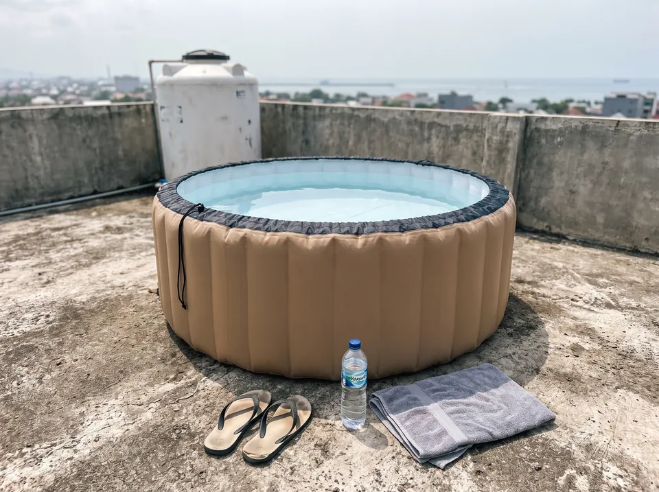 Ice bath tiup bulat portable di rooftop Makassar