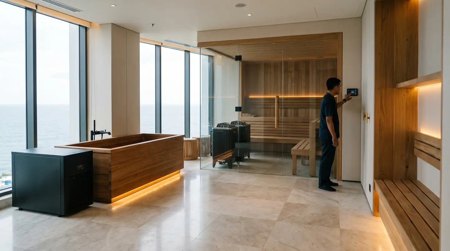 Proyek Sauna cedar dan cold plunge di rooftop rumah tepi laut Tanjung Bunga di Tanjung Bunga, Makassar