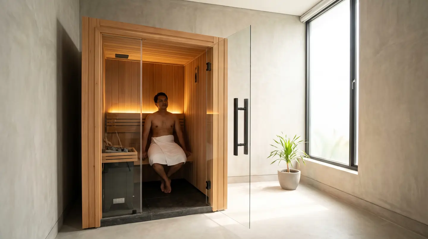 Sauna box portable 1,5×1,2 m dua orang dipasang di kamar rumah Makassar