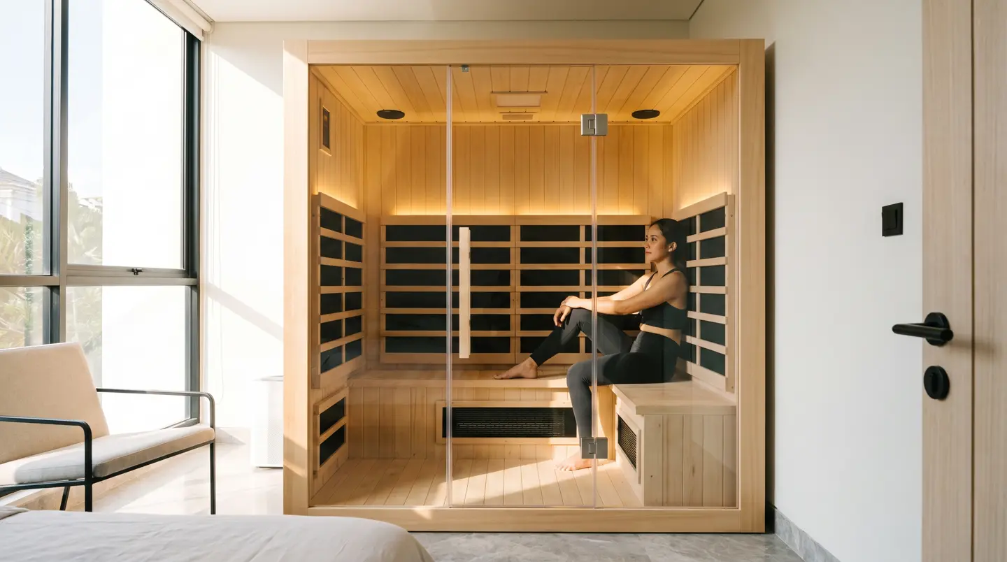 Sauna infrared 1–2 orang panel carbon di sudut kamar rumah cluster Makassar