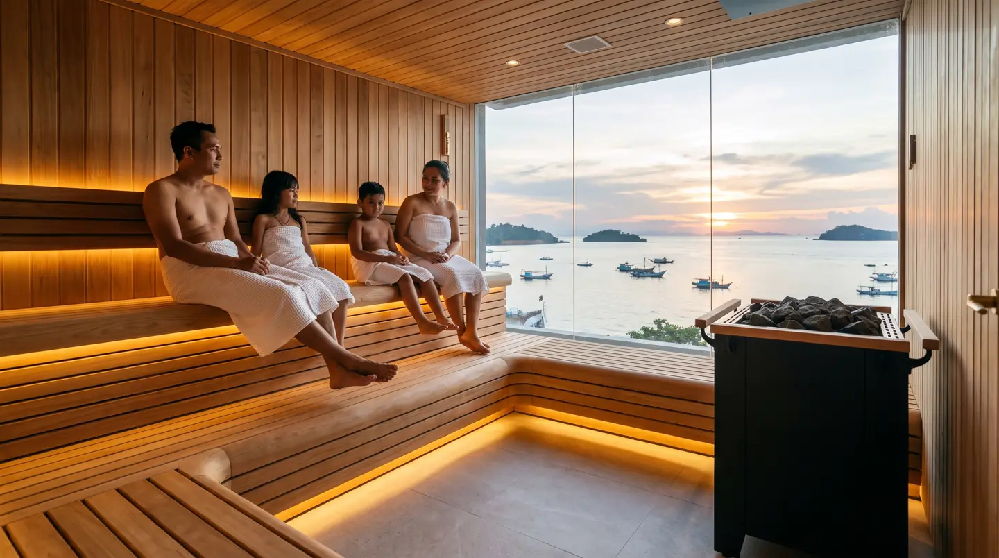 Interior sauna kering 2×2 m red cedar untuk keluarga empat orang di Makassar