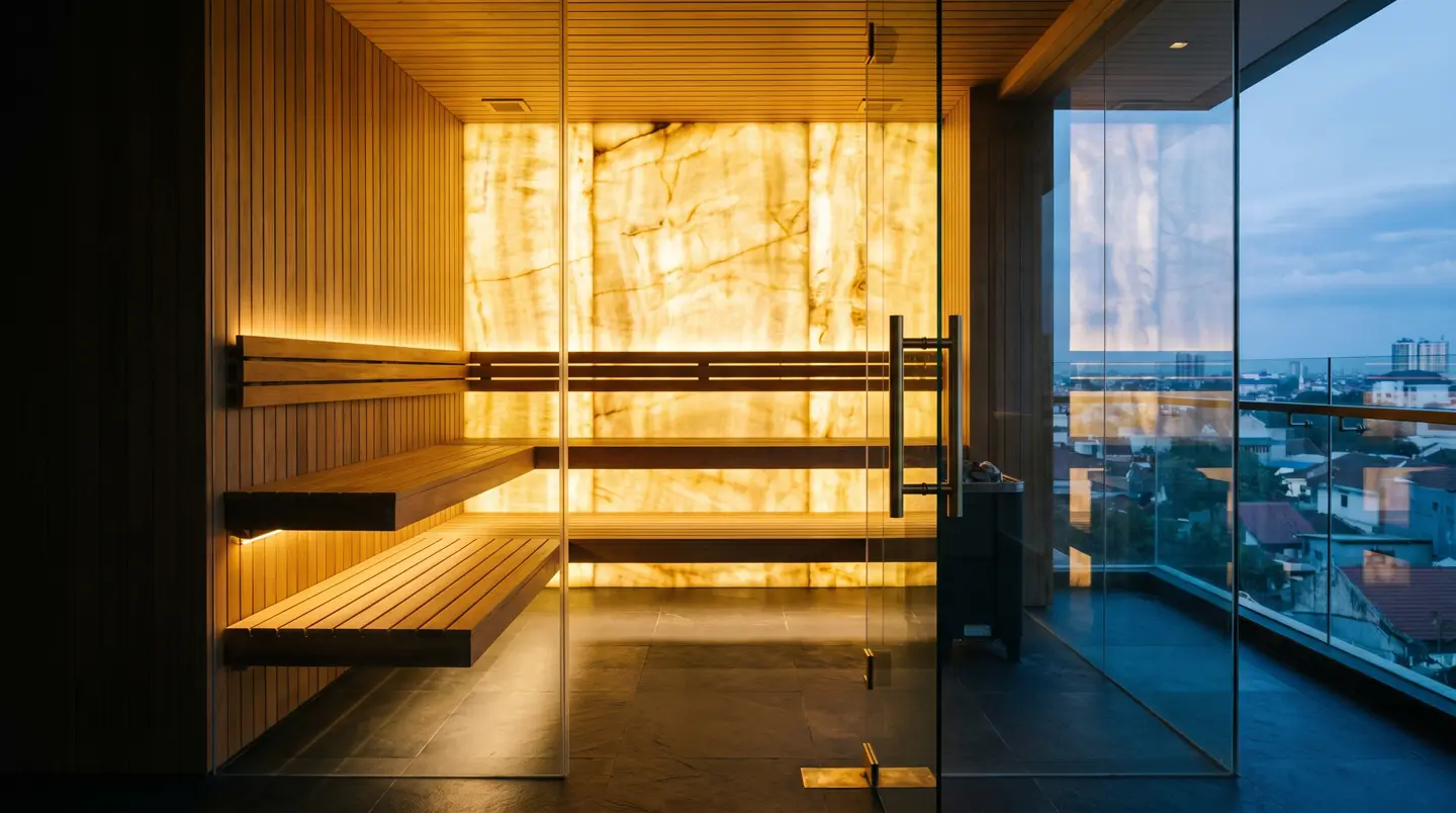 Sauna mewah custom dinding kaca dan batu onyx di rumah Panakkukang Makassar
