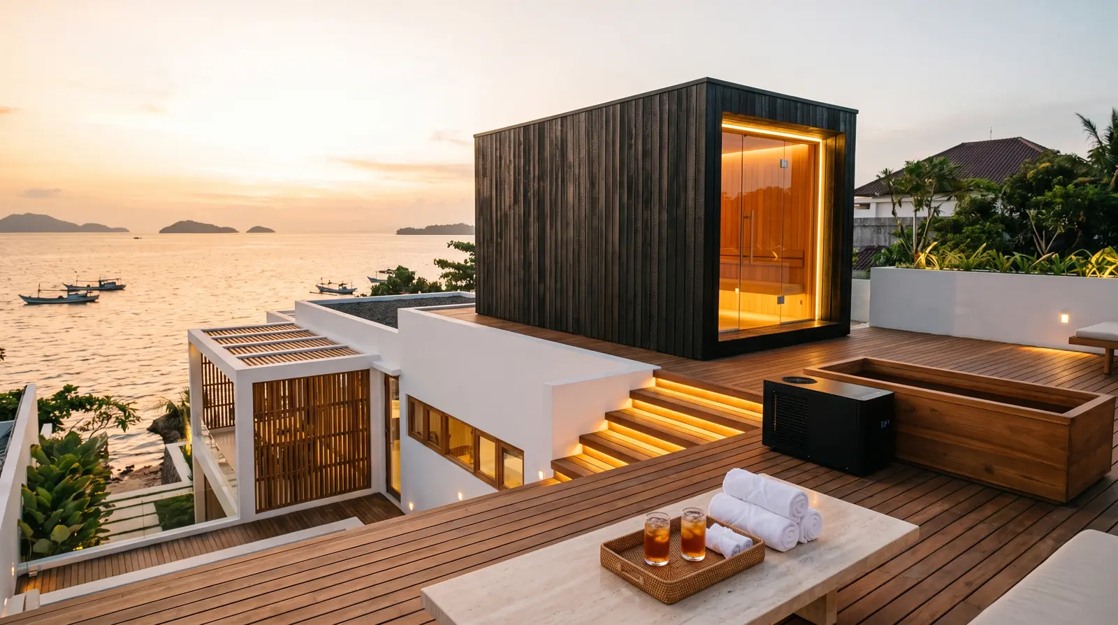 Rooftop rumah tepi laut Tanjung Bunga dengan sauna cedar dan cold plunge kayu, Sauna Makassar