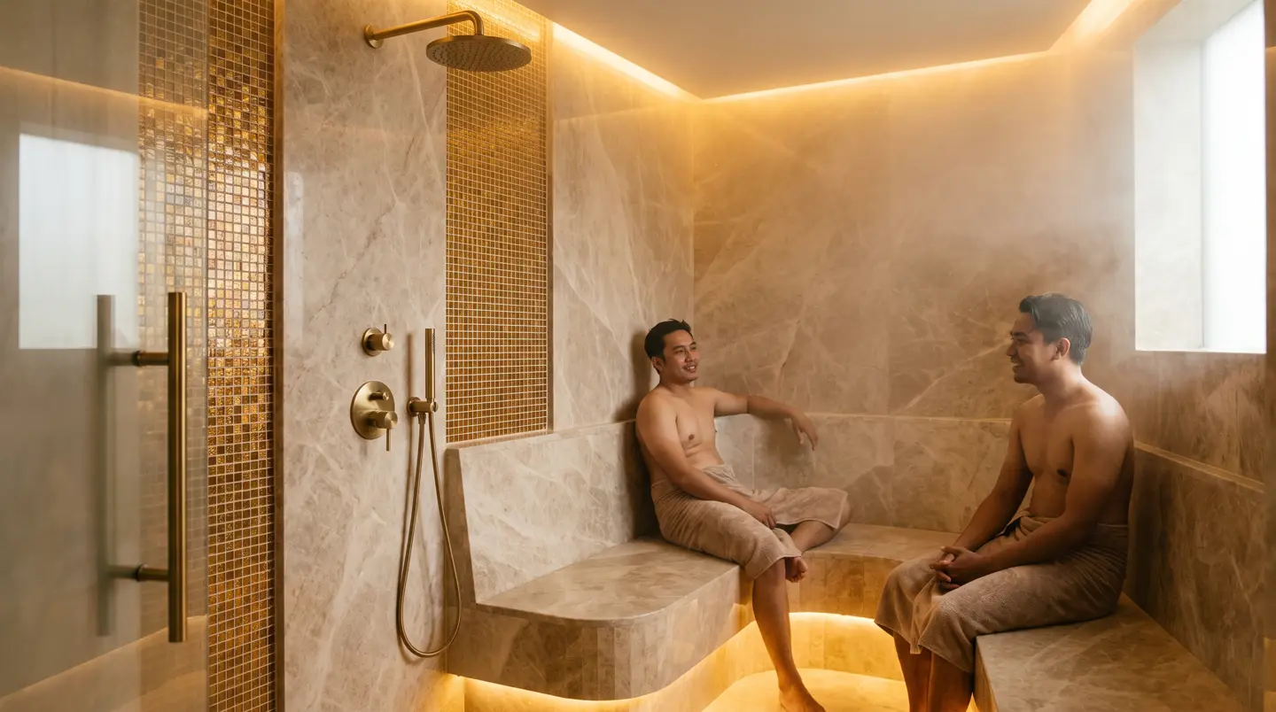 Steam room mosaik biru hijau dengan bangku lengkung untuk gym Makassar