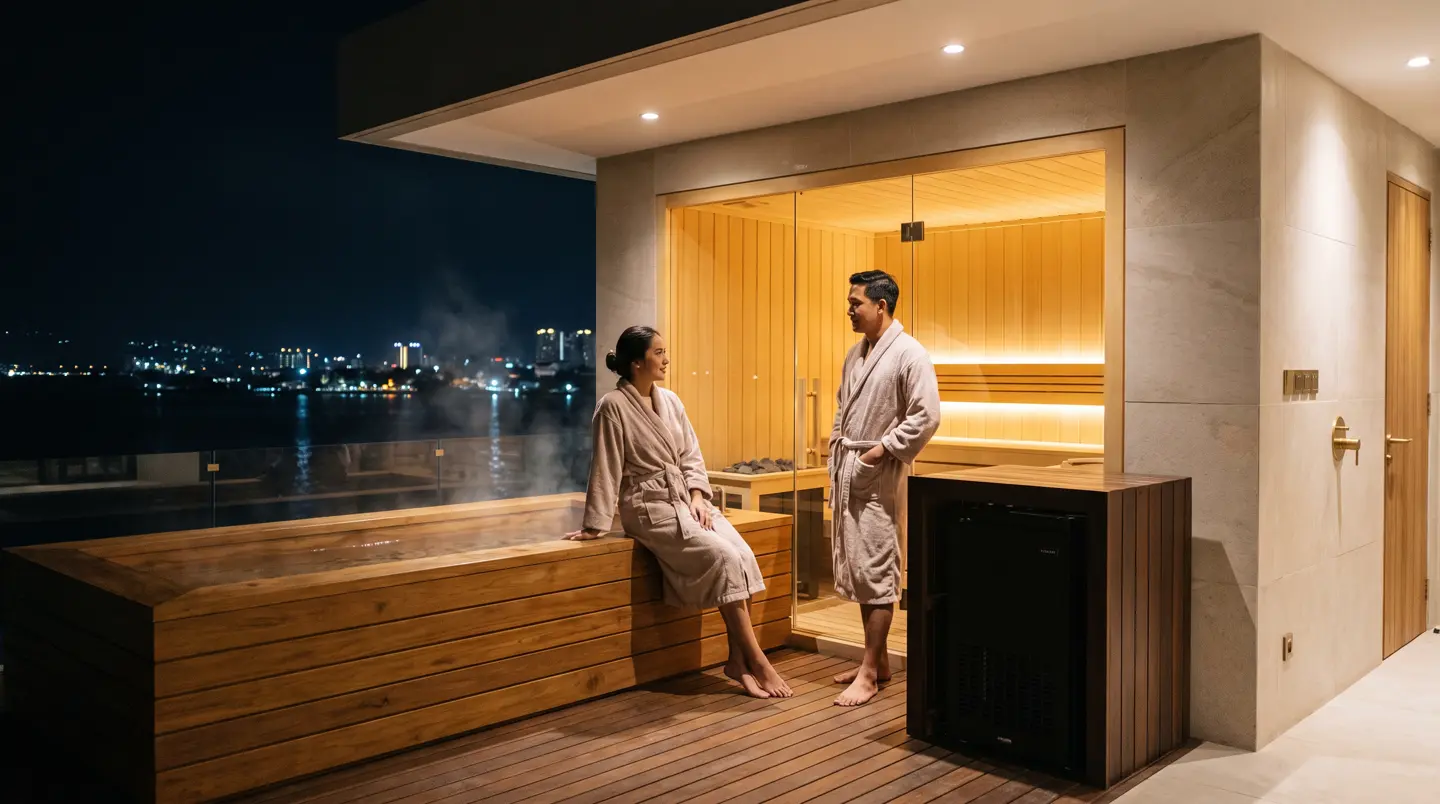 Teras wellness malam hari dengan sauna kaca menyala dan ice bath berchiller hitam di Makassar